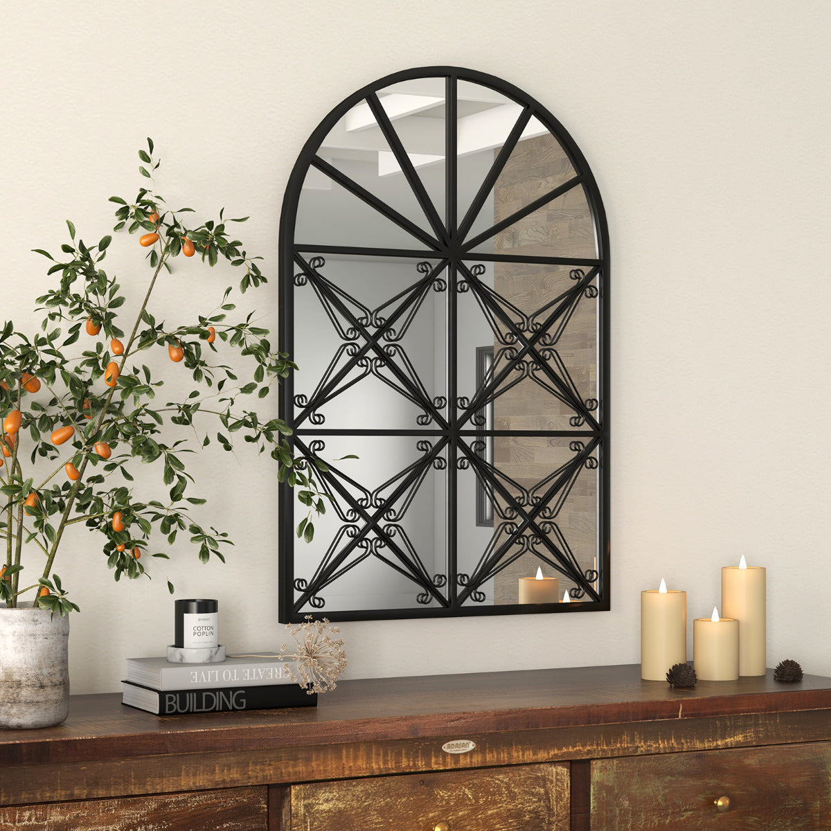 Espelho de Janela Arqueada 58 x 87 cm - Decorativo com Moldura de Metal para Pendurar na Parede - Preto