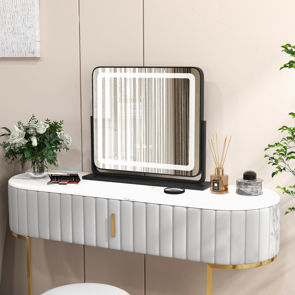 Espelho de Mesa Iluminado LED Giratório 360° com 3 Modos de Iluminação de Cor 56 x 12 x 48 cm Preto