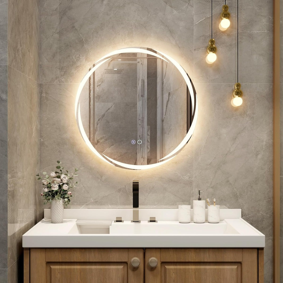 Espelho LED para Casa de Banho de 60 x 60 CM Espelho Redondo de Parede com Luzes Reguláveis de 3 Cores Interruptor Tátil Função Antinevo e Memória