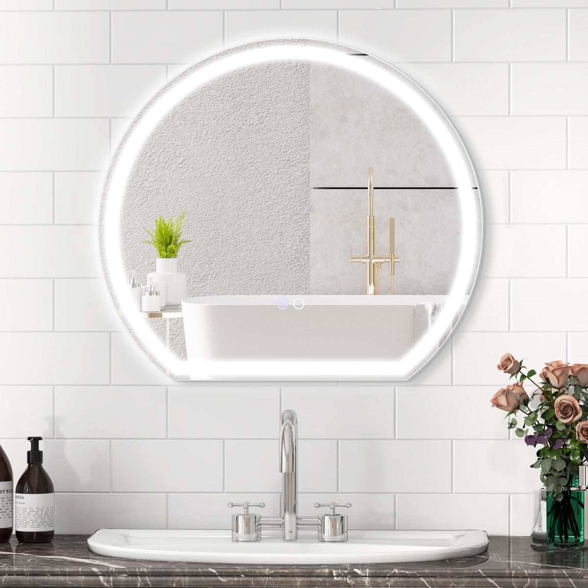 Espelho LED para Casa de Banho 60 x 54 CM Espelho Redondo de Parede com Luzes Reguláveis Interruptor Tátil Função Antivapor e Memória