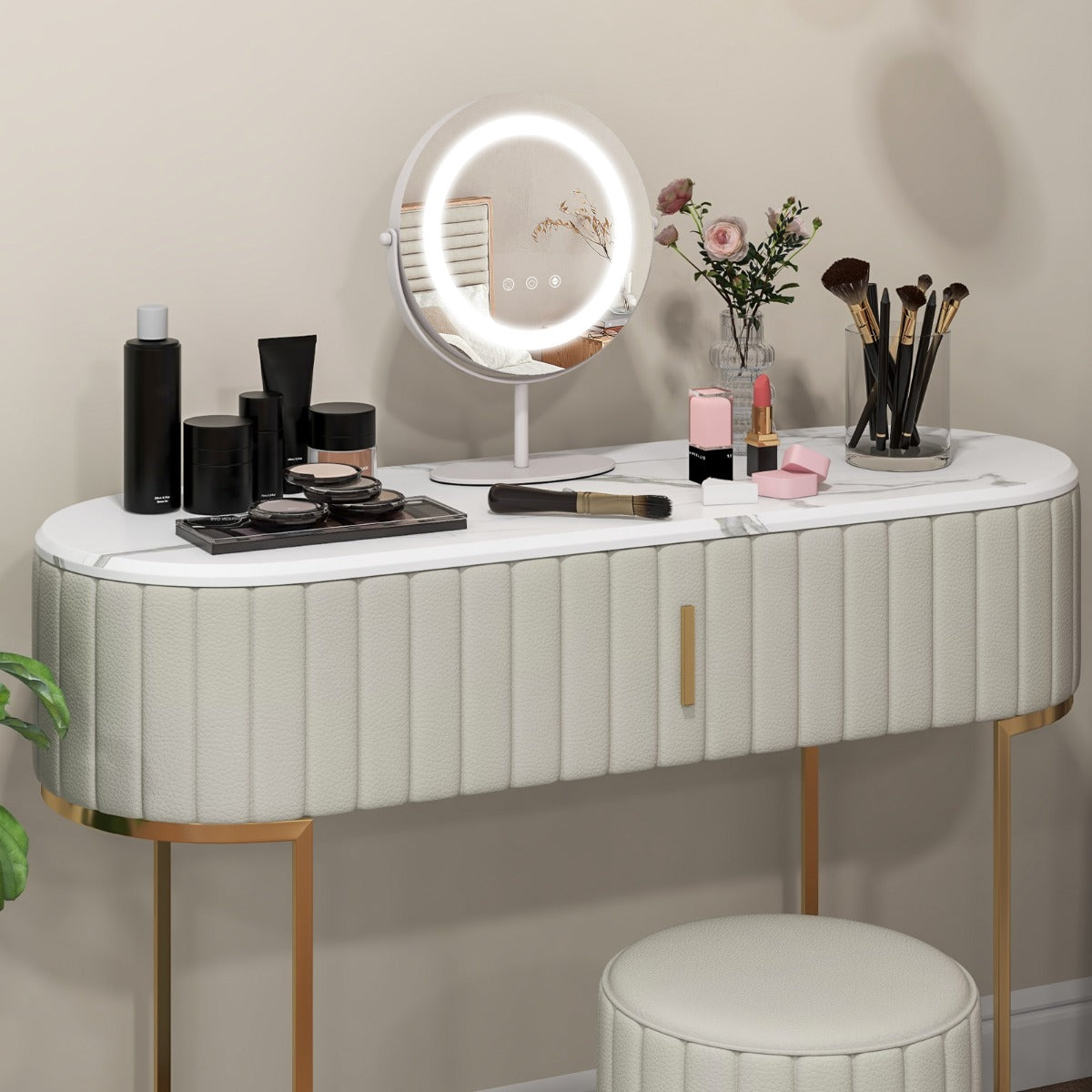Espelho de Maquilhagem LED de 25 cm com Luz 3 Cores Reguláveis Função de Memória e Ecrã Tátil Espelho Redondo para Casa de Banho Tocador Branco