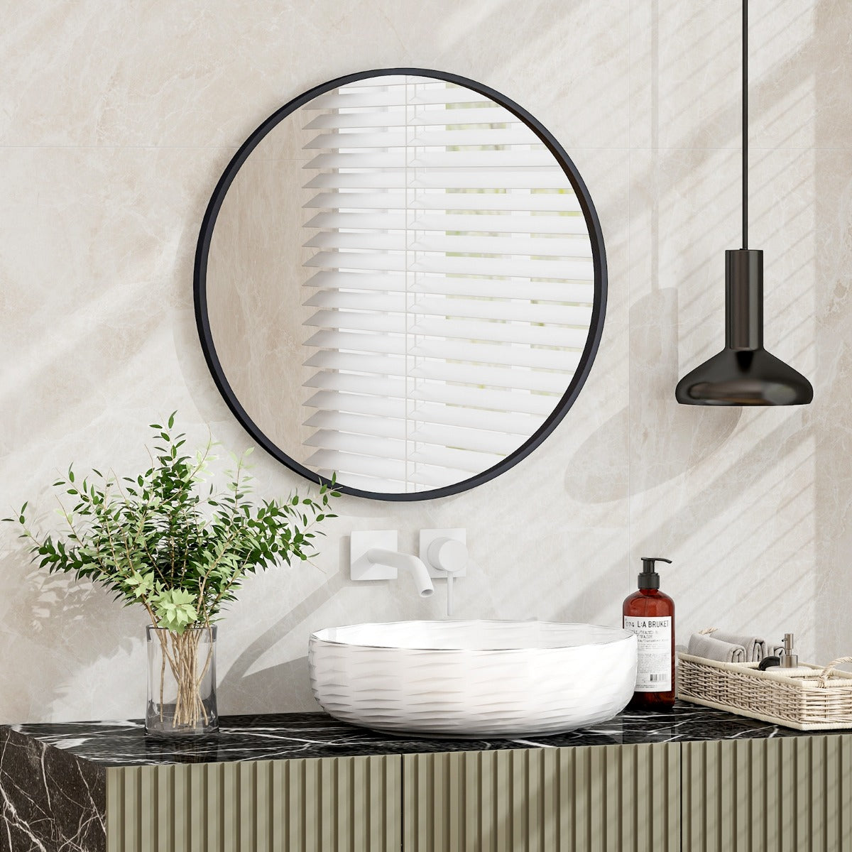 Espelho de Casa de Banho Redondo de 61 cm Montado na Parede com Moldura de Metal Mate Escovado Antioxidante para Decoração Minimalista de Casa