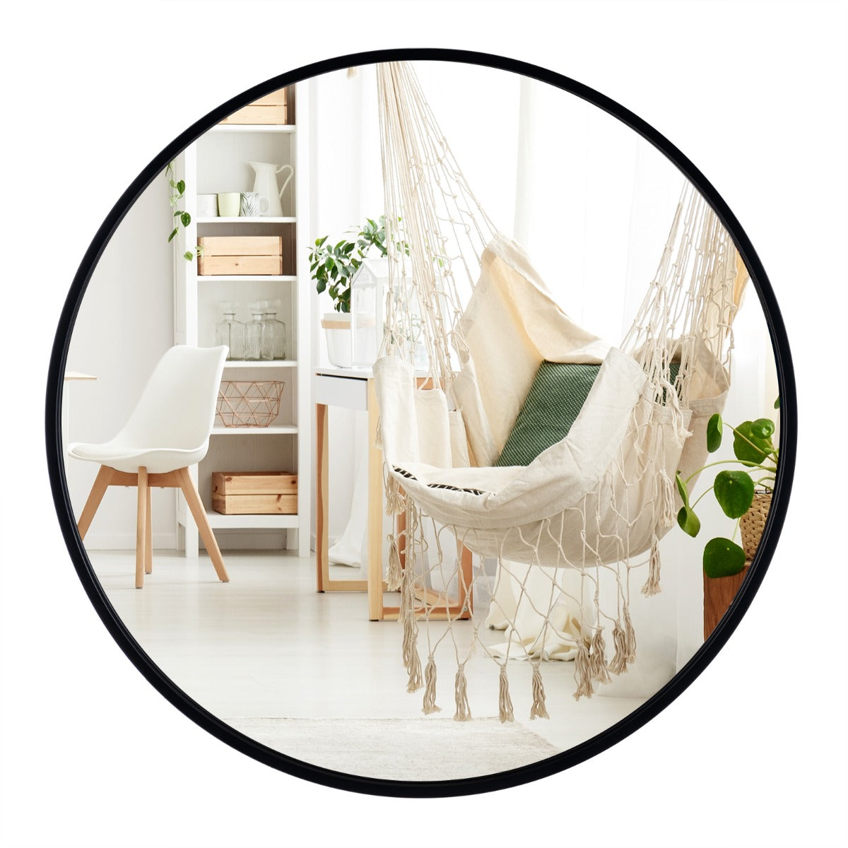 Espelho de Casa de Banho Redondo de 61 cm Montado na Parede com Moldura de Metal Mate Escovado Antioxidante para Decoração Minimalista de Casa
