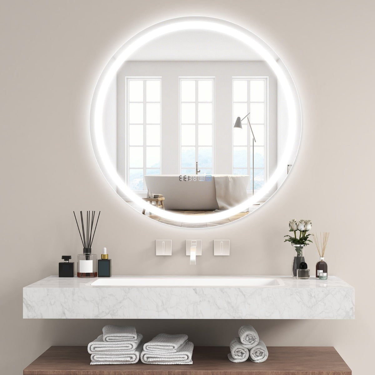 Espelho de Casa de Banho Redondo com Luz LED Ajustável Continuamente em 3 Temperaturas de Cor Função Antivapor e de Memória 60 x 60 cm