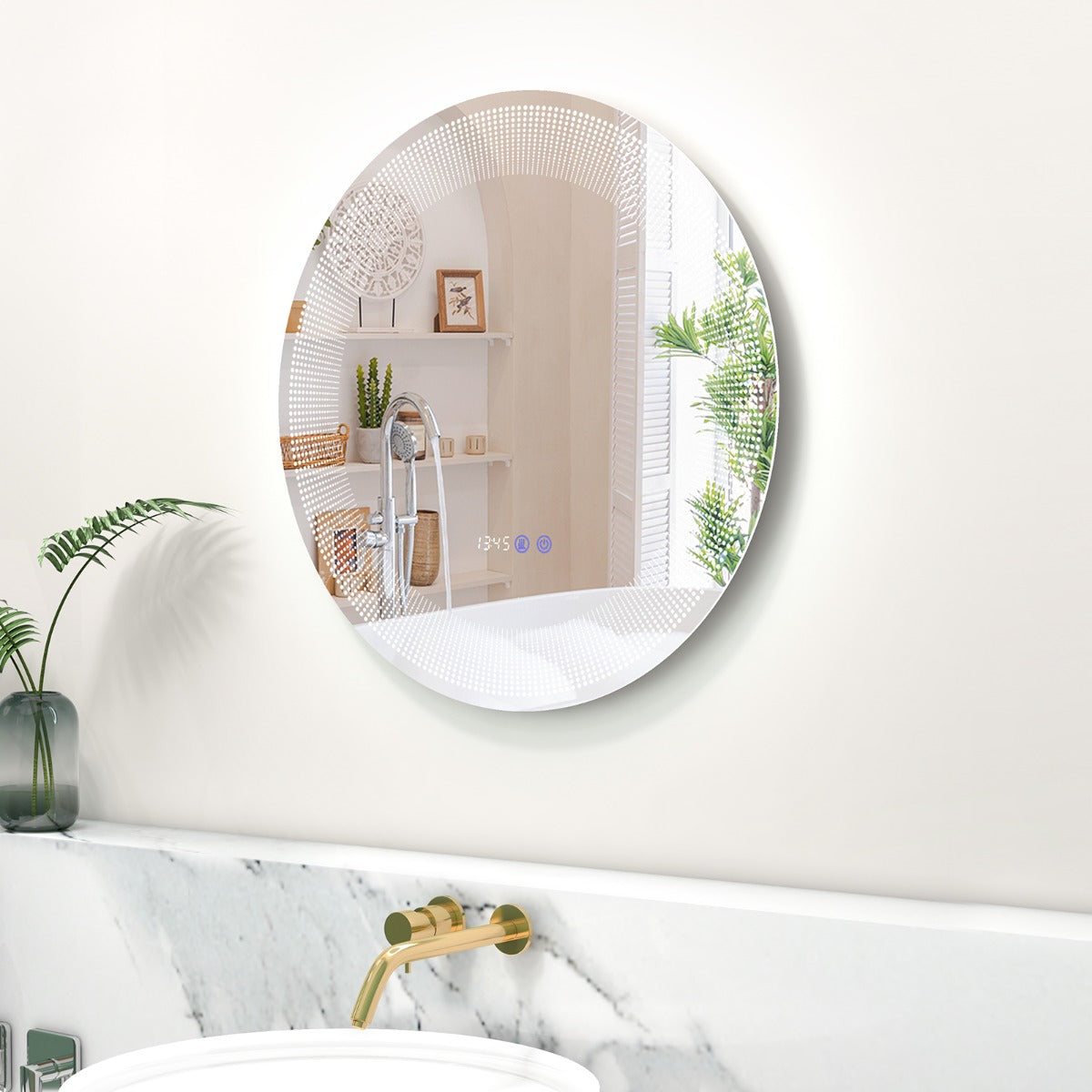 Espelho Redondo de Casa de Banho LED com Luzes de 3 Cores Interruptor Tátil Ecrã de Tempo e Temperatura Espelho de Maquilhagem de 60 cm Prateado