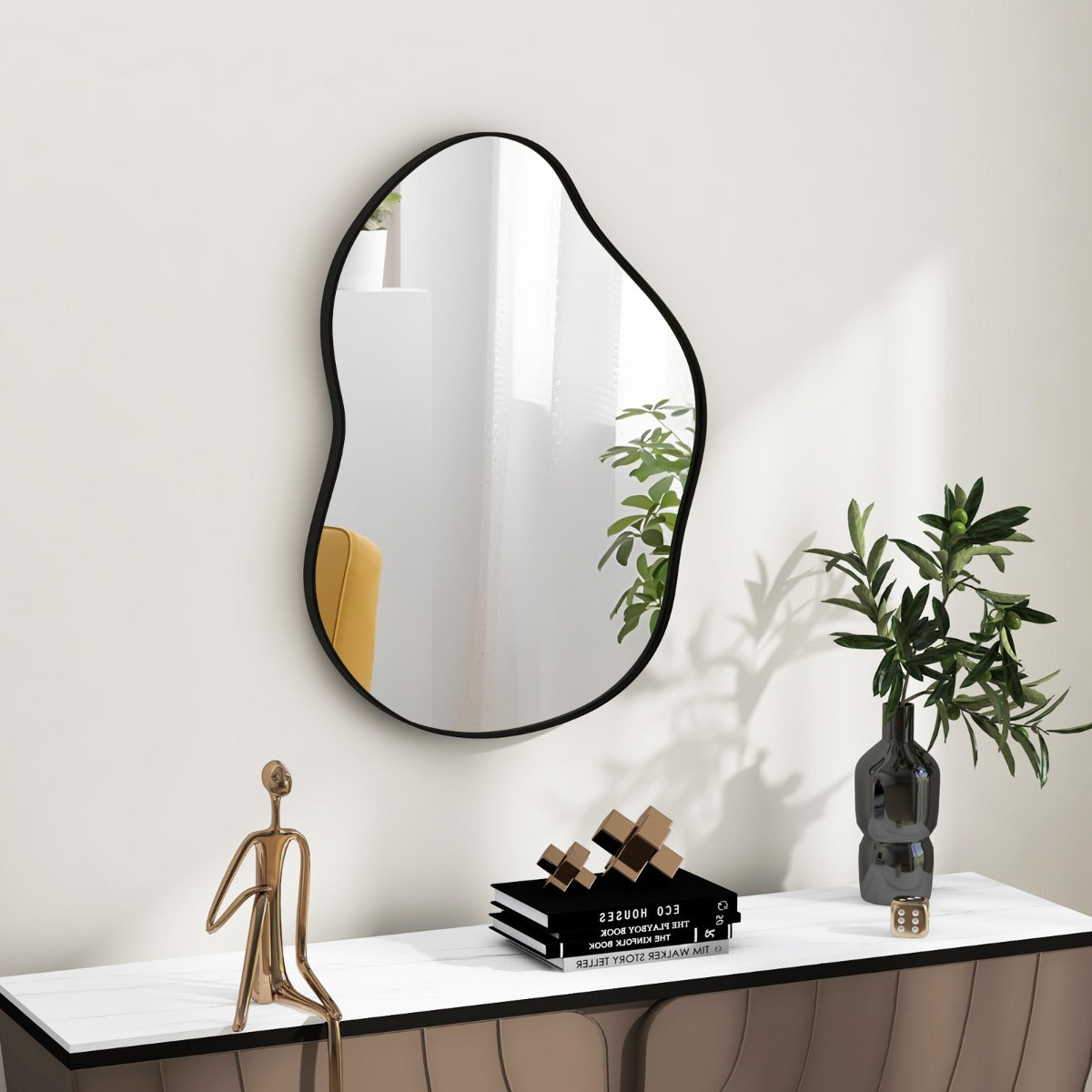 Espelho de Parede Irregular com Moldura de Metal Sólido para Casa de Banho Sala de Estar Quarto Entrada 78 cm x 56,5 cm Preto