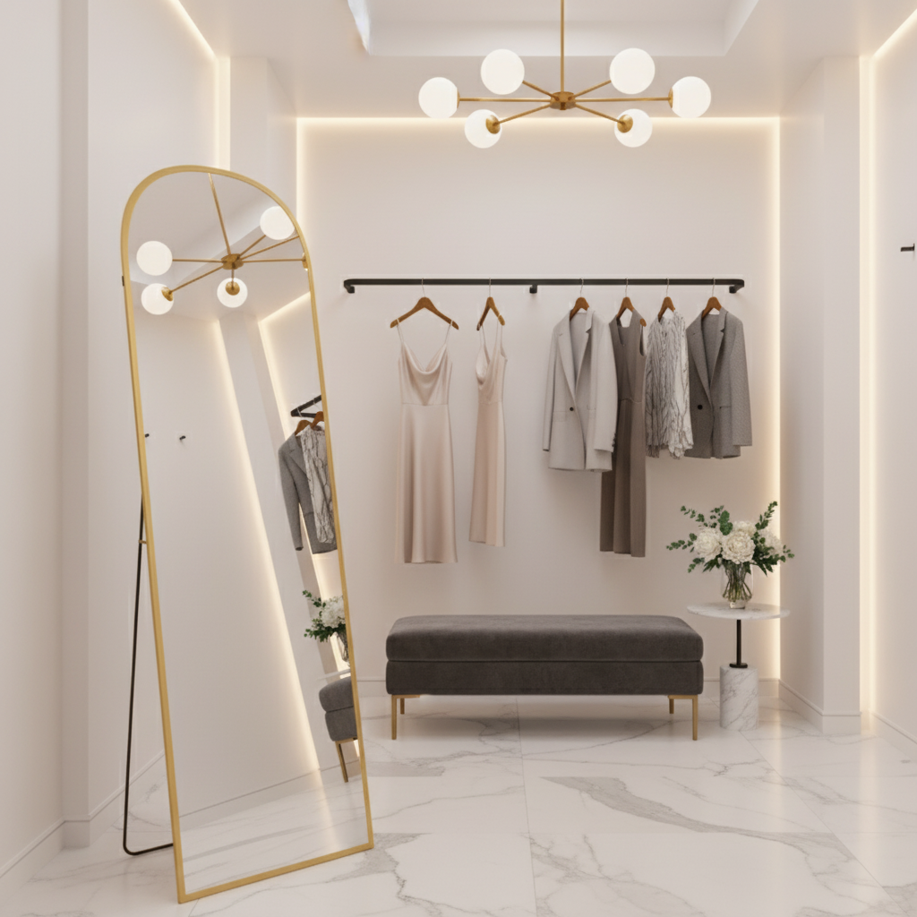Espelho de pé dourado em boutique de moda