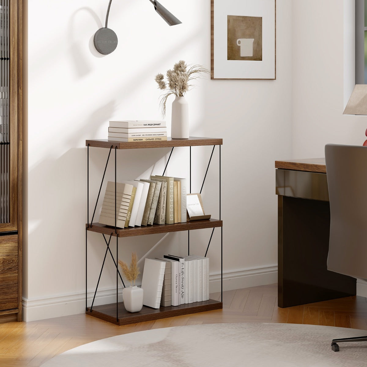 Estante de 3 Níveis Independente de Exibição Multiusos com Estrutura de Metal para Casa 61 x 82 cm Nogueira
