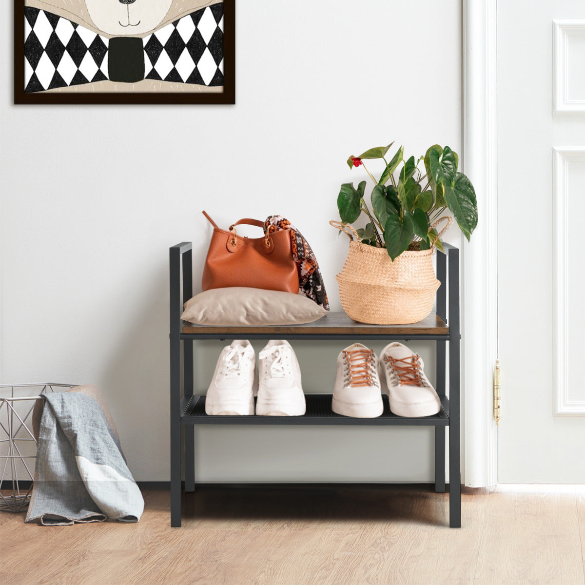 Estante de Armazenamento de 2 Níveis Sapateira Empilhável Rede de Metal para Sala Quarto Entrada 54 x 32 x 52cm Castanho