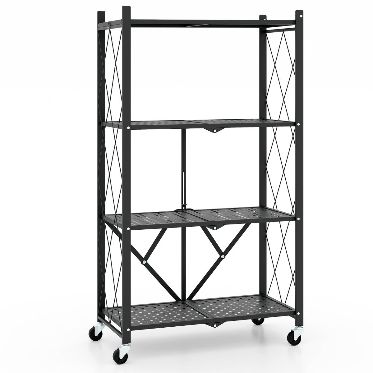 Estante de Armazenamento Dobrável de 4 Níveis com Rodas Unidade de Estante de Metal Organizador para Cozinha Sala Oficina Garagem Preto