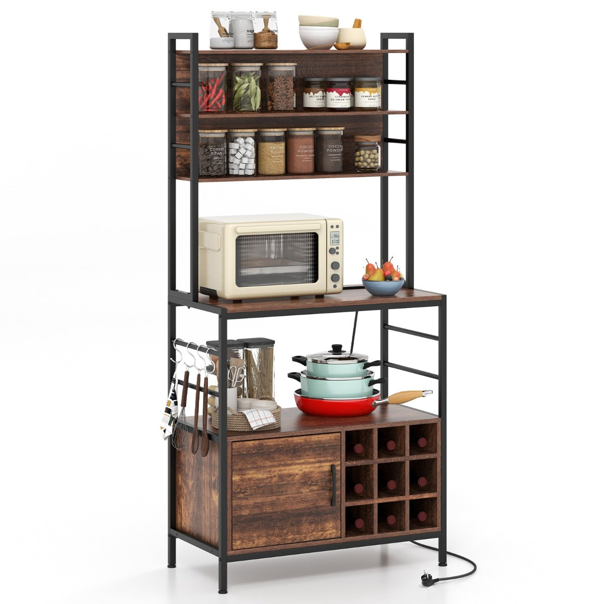 Estante de Cozinha com Garrafeira, Saída de Energia, Armário para Bar com Ganchos e Suportes para Garrafas de Vinho 80 x 40 x 170 cm - Castanho