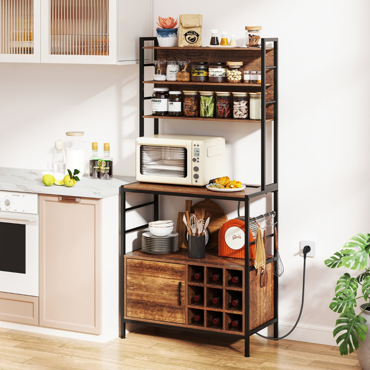 Estante de Cozinha com Garrafeira, Saída de Energia, Armário para Bar com Ganchos e Suportes para Garrafas de Vinho 80 x 40 x 170 cm - Castanho