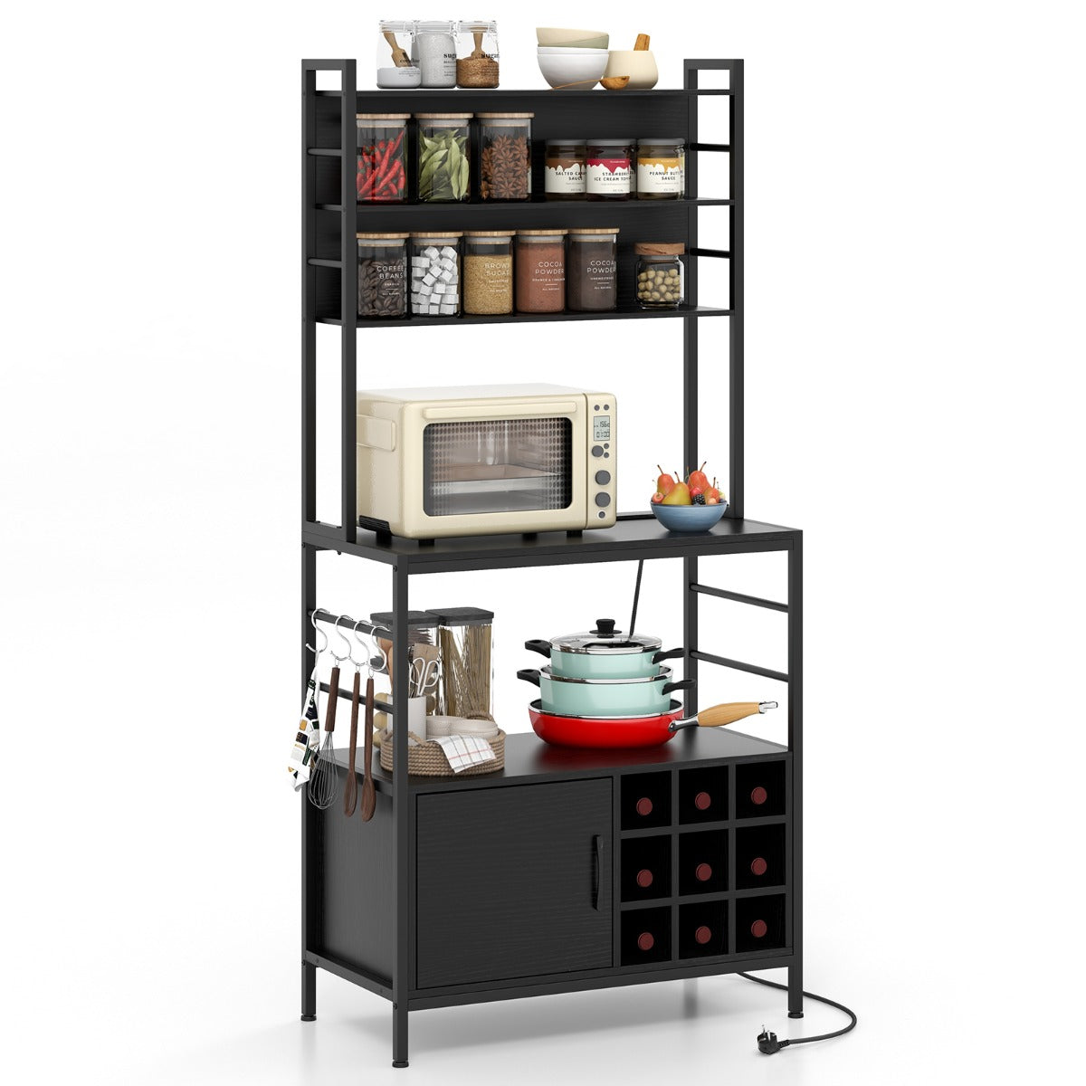 Estante de Cozinha com Garrafeira, Tomada de Energia Gabinete para Bar com Ganchos e Suportes para Garrafas de Vinho 80 x 40 x 170 cm - Preto