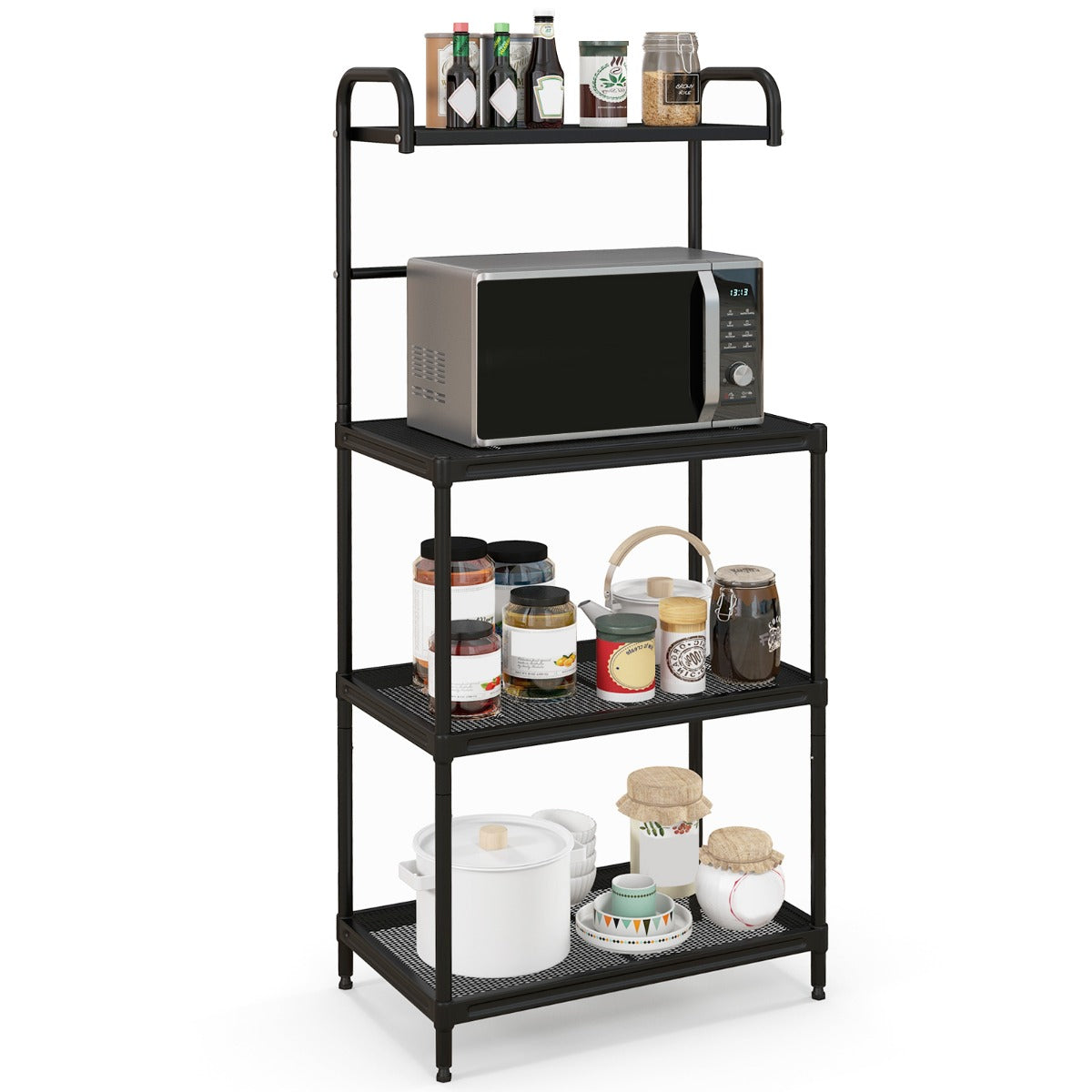 Estante de Cozinha de Armazenamento 4 Níveis Suporte para Micro-ondas com Estrutura de Metal Estante Independente 60 x 34 x 136 cm - Preto