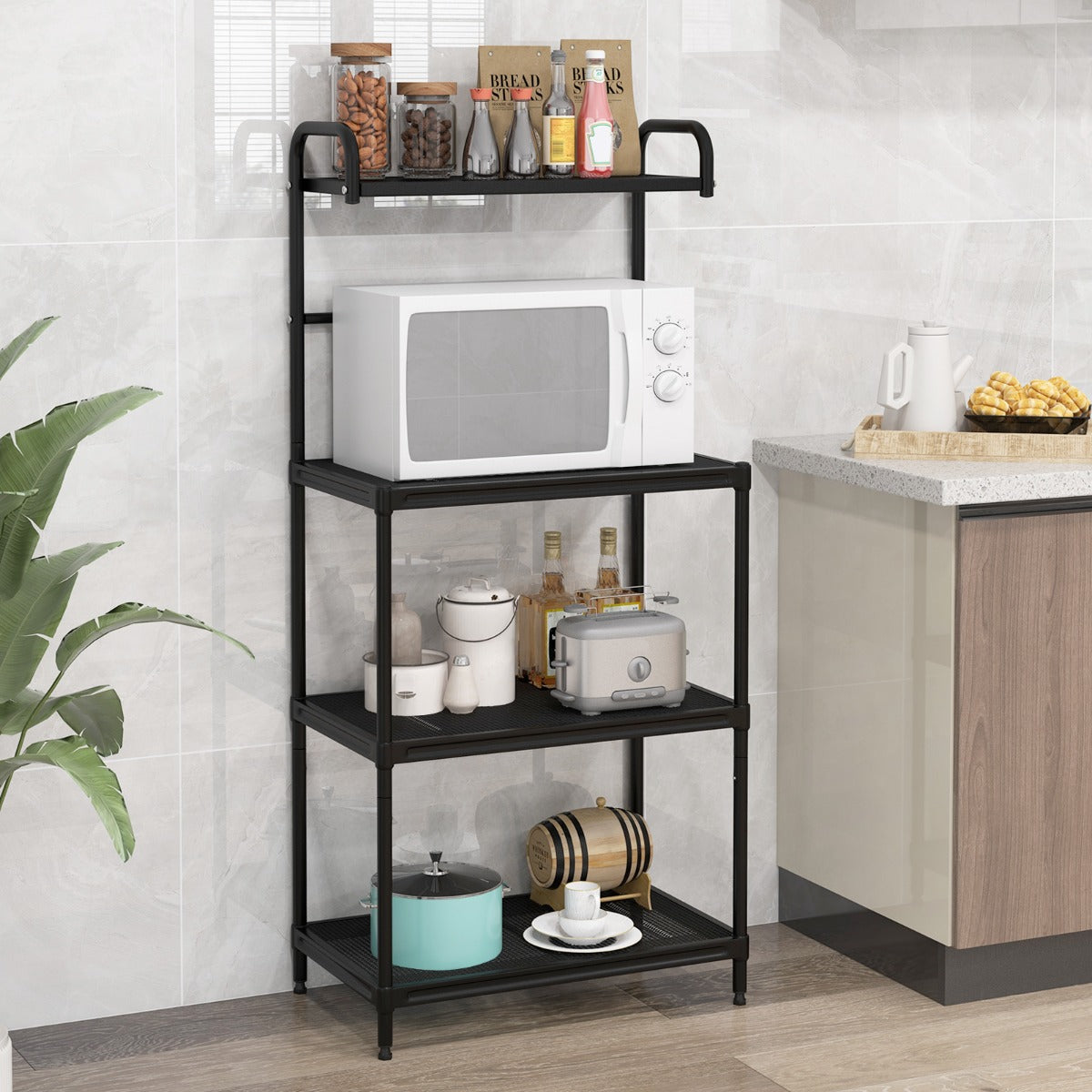 Estante de Cozinha de Armazenamento 4 Níveis Suporte para Micro-ondas com Estrutura de Metal Estante Independente 60 x 34 x 136 cm - Preto