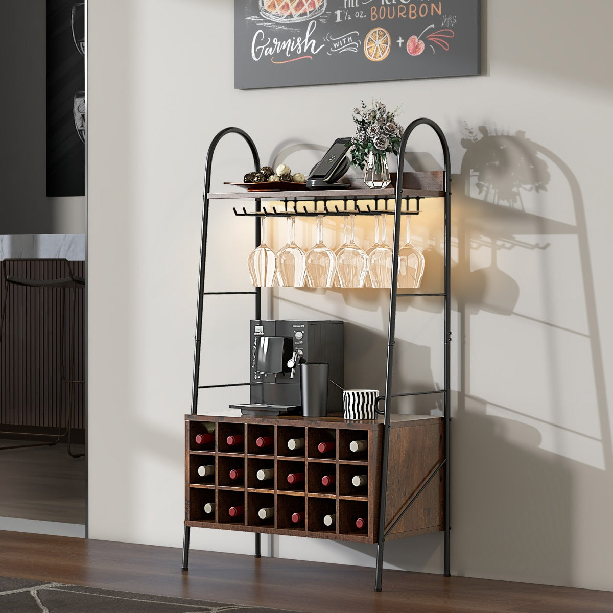 Estante de Cozinha com Garrafeira para 18 Garrafas – 63 x 32 x 114,5 cm – Castanho – Metal e Madeira