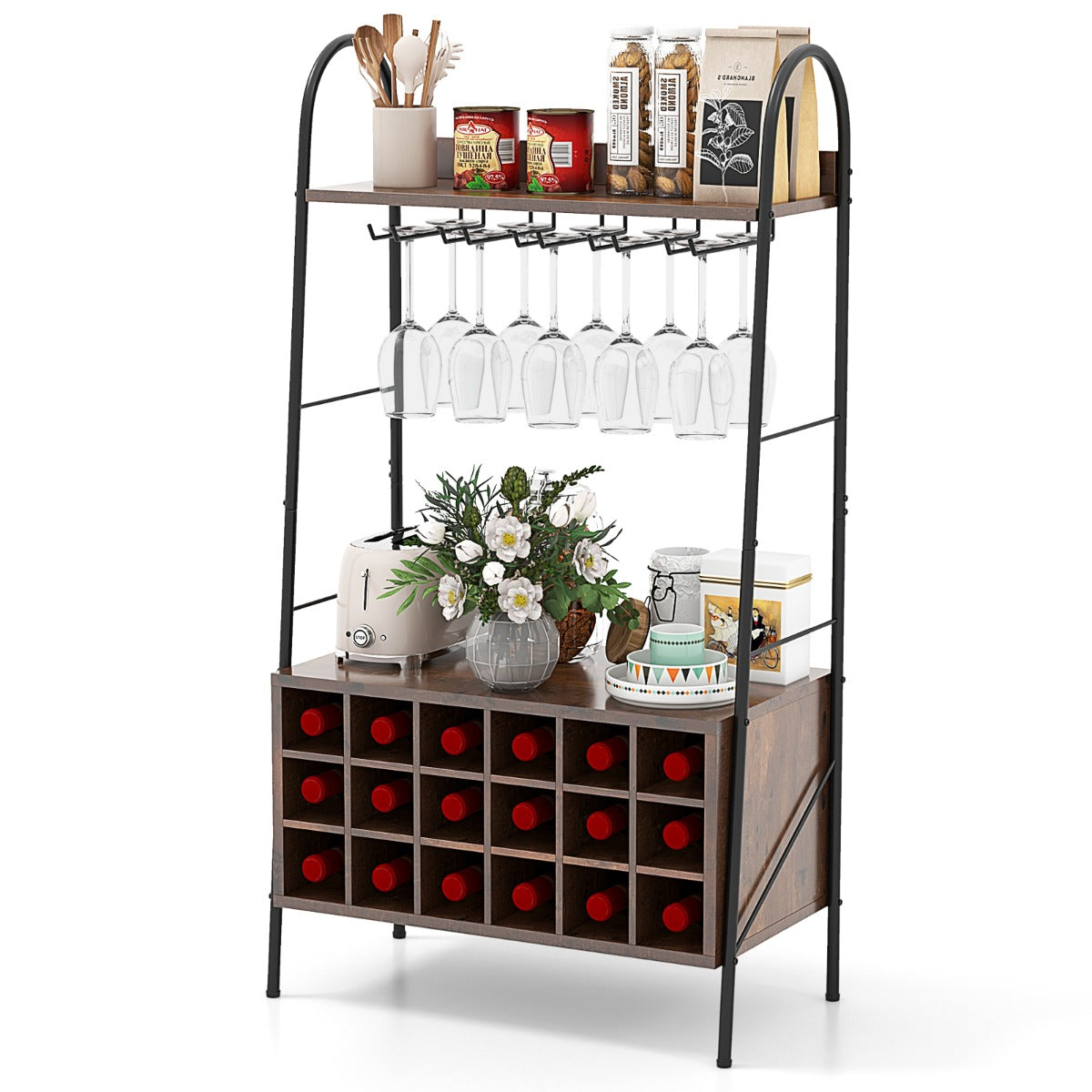Estante de Cozinha com Garrafeira para 18 Garrafas – 63 x 32 x 114,5 cm – Castanho – Metal e Madeira