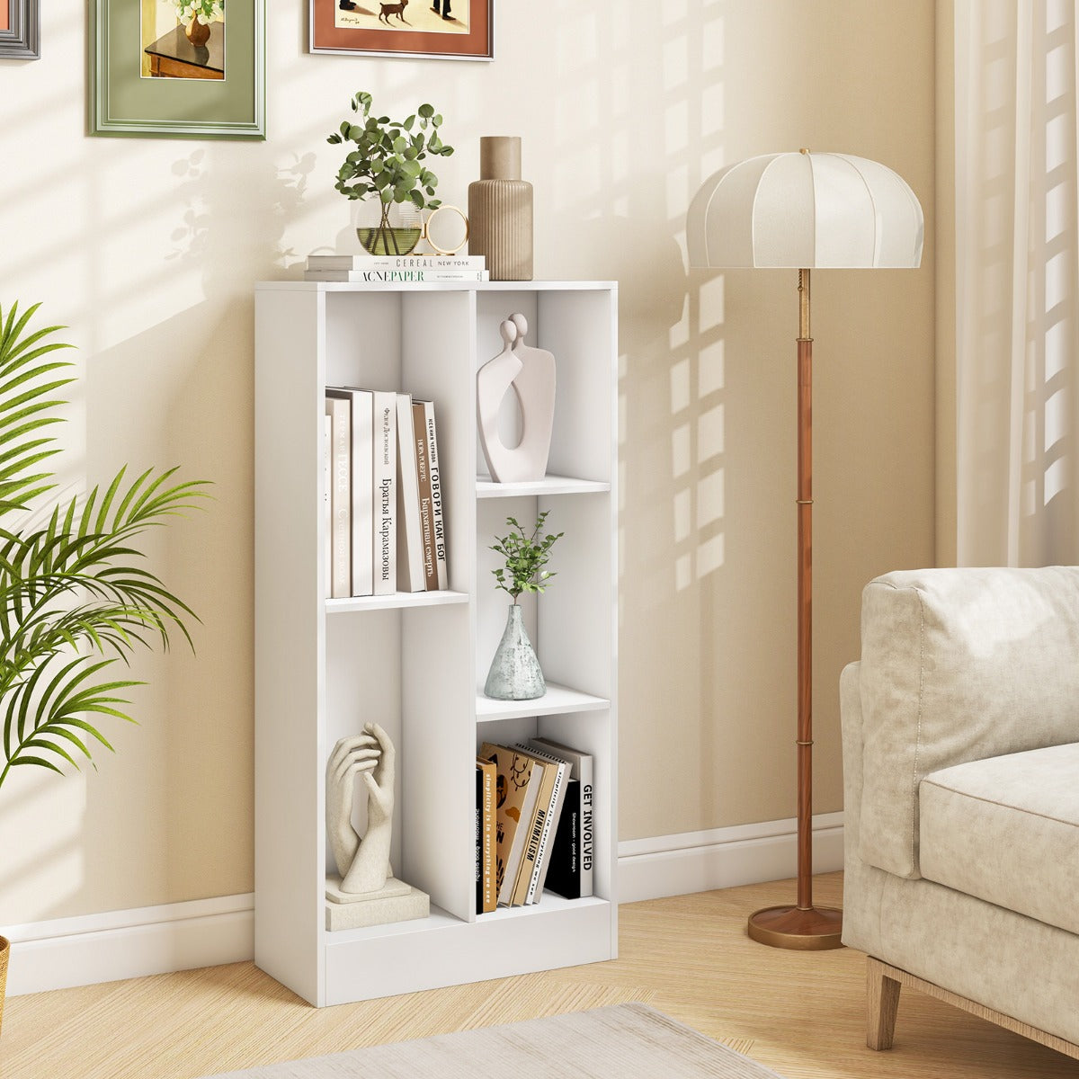 Estante de Livros de 5 Cubos Organizador de Armazenamento Independente Antivuelco para Sala Quarto Escritório 50 x 24 x 104 cm Branco