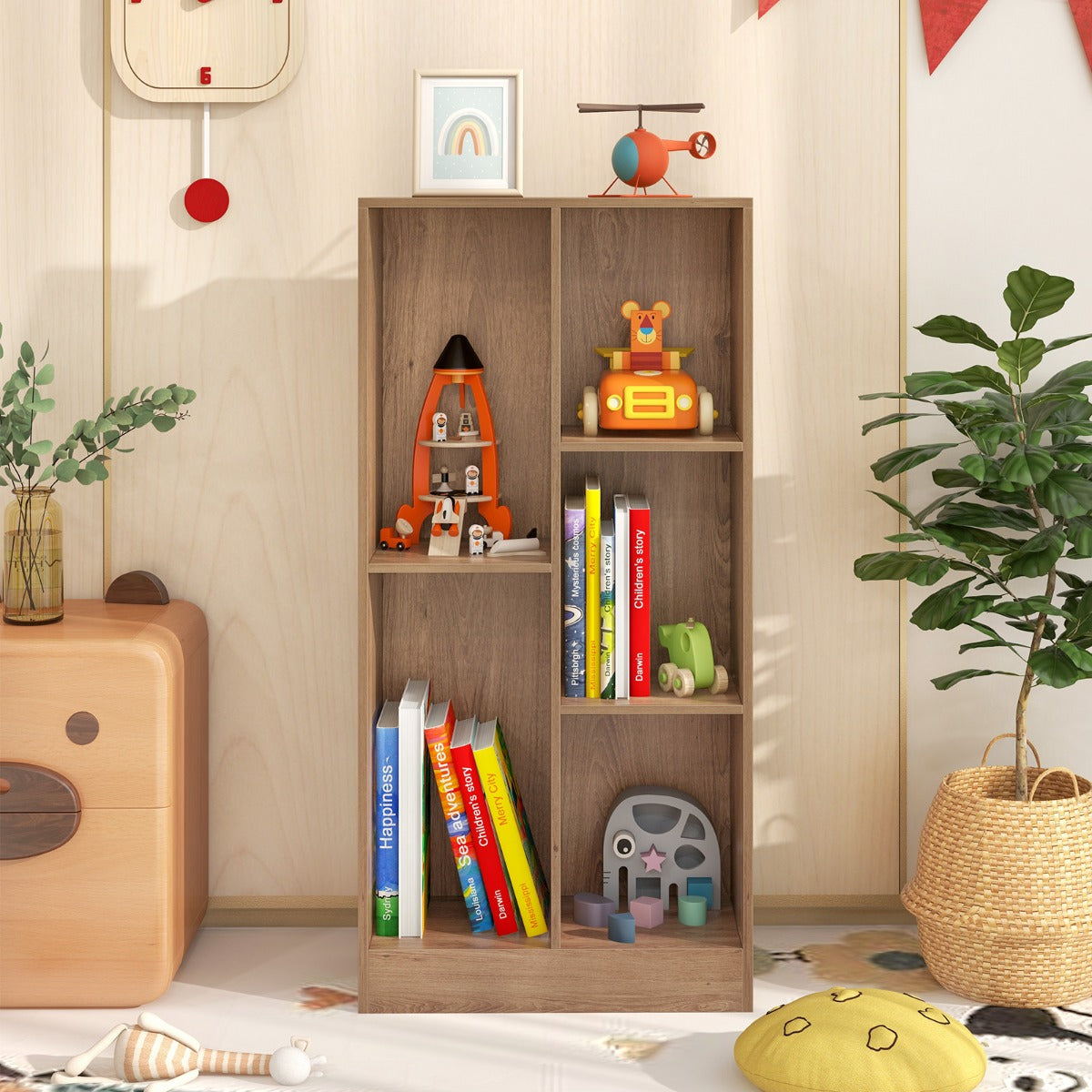 Estante de Livros de 5 Cubos Organizador de Armazenamento Independente Antitombamento para Sala Quarto Escritório 50 x 24 x 104 cm Natural