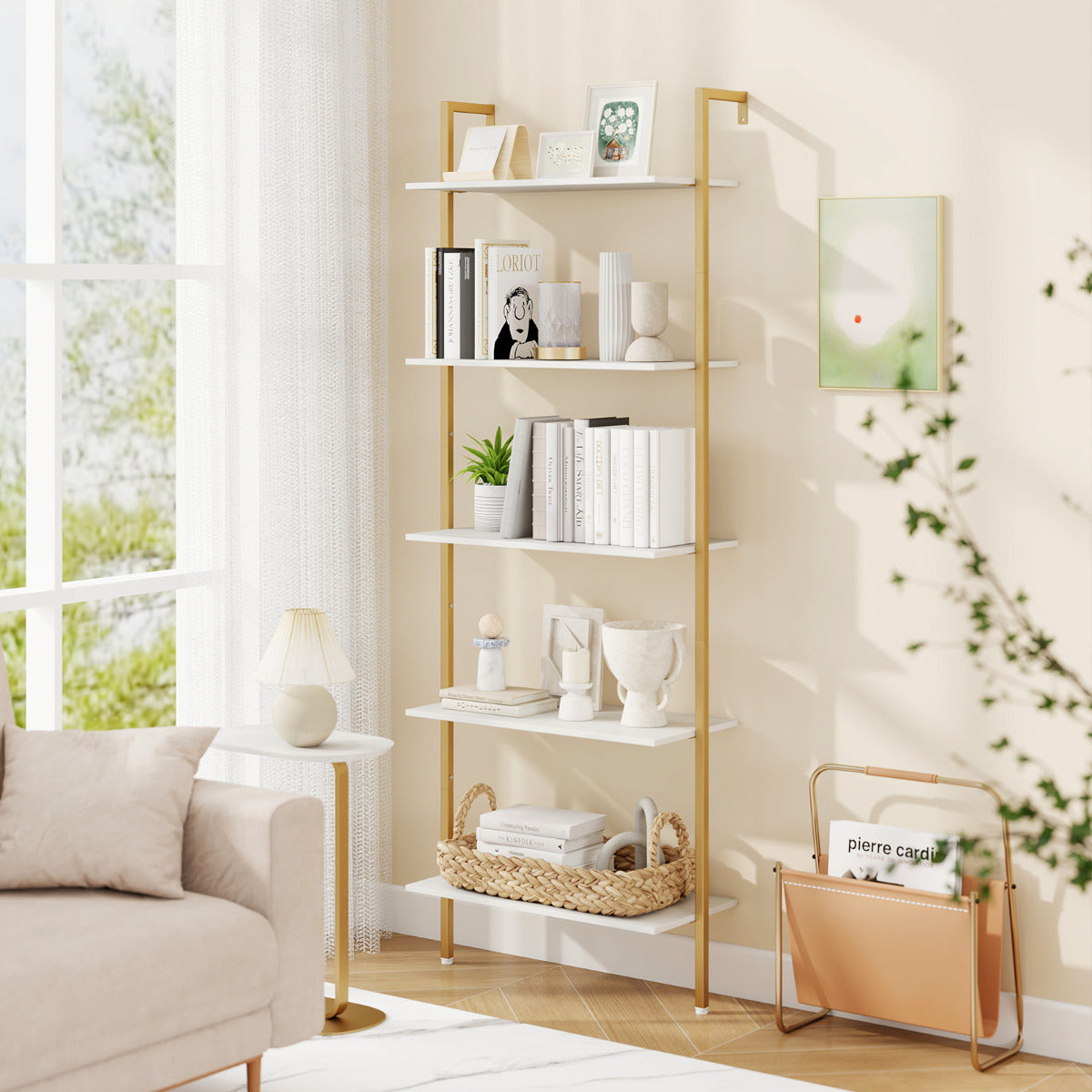 Estante de Escada de 5 Níveis Montada na Parede com Estrutura Metálica - Branco