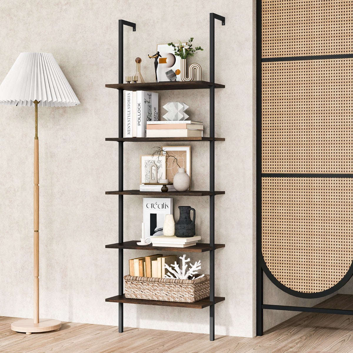 Estante de Escada de 5 Níveis Montada na Parede Organizador para Escritório 60 x 30 x 180 cm Castanho e Preto