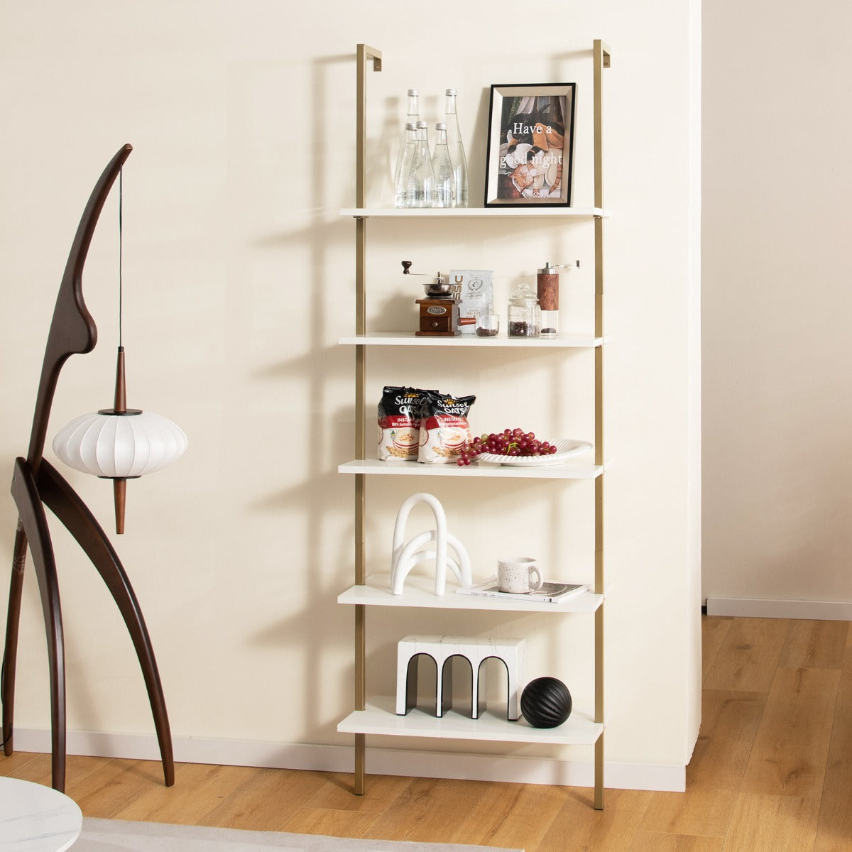 Estante de Escada de 5 Níveis Montada na Parede Organizador para Escritório Branco e Dourado 60 x 30 x 180 cm