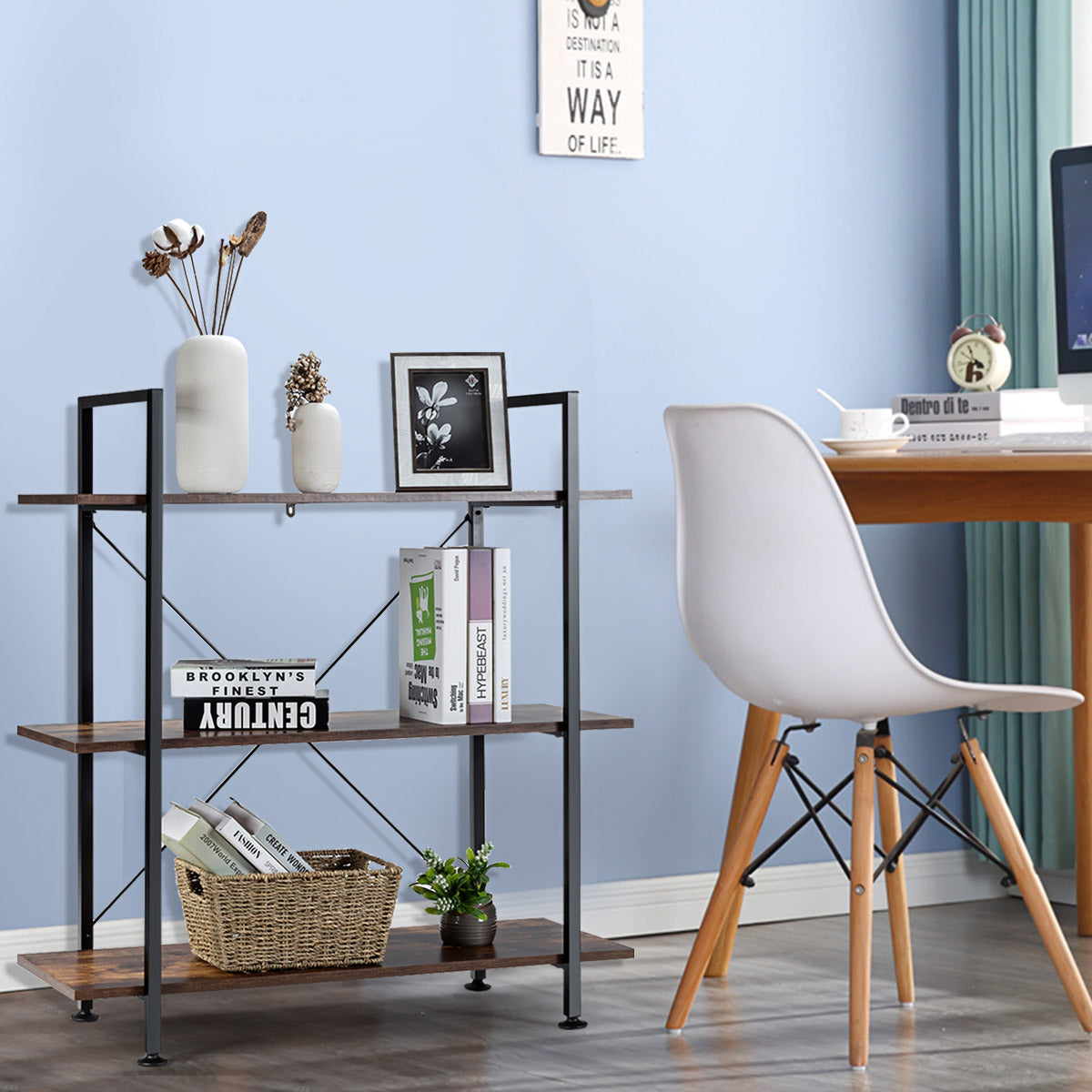 Estantería Industrial de 3 Niveles em Metal para Livros - Marrom