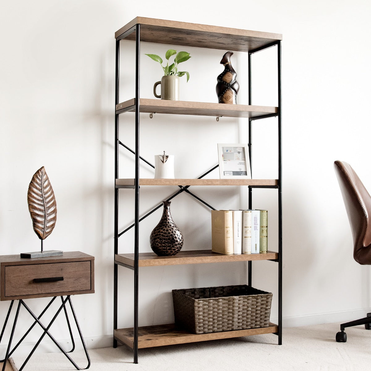 Estante de 5 Níveis com Estrutura de Metal e Prateleiras de Madeira Industrial 79 x 35 x 159,5 cm Castanho