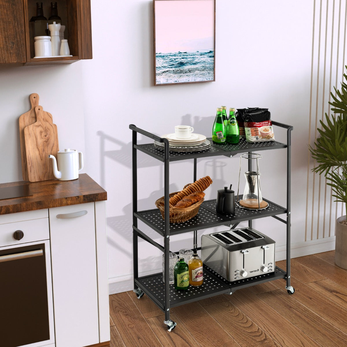 Estante de Metal Dobrável de 3 Níveis com Rodas Bloqueáveis Móvel para Cozinha Sala Garagem 72,5 x 33 x 93,5 cm Preto