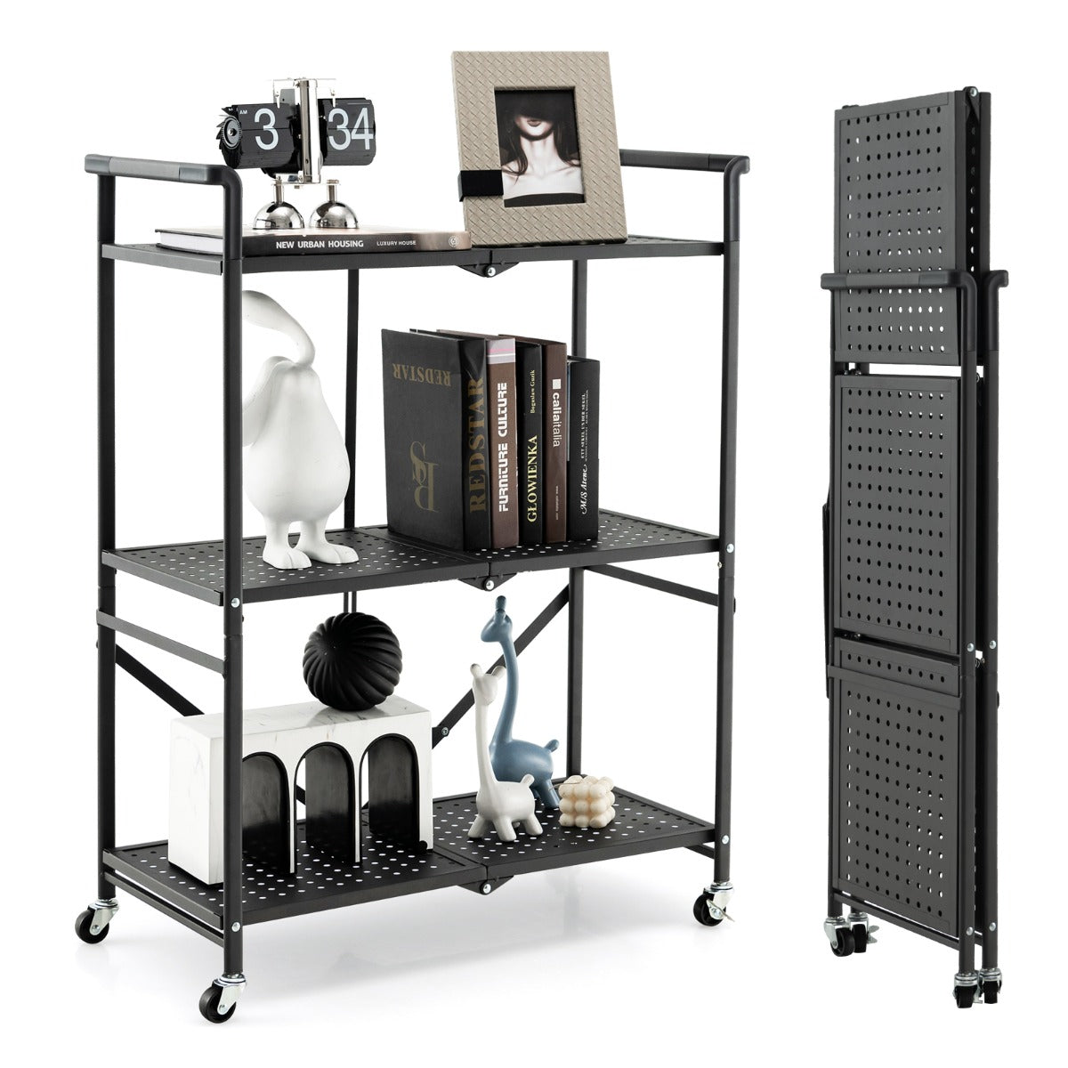 Estante de Metal Dobrável de 3 Níveis com Rodas Bloqueáveis Móvel para Cozinha Sala Garagem 72,5 x 33 x 93,5 cm Preto