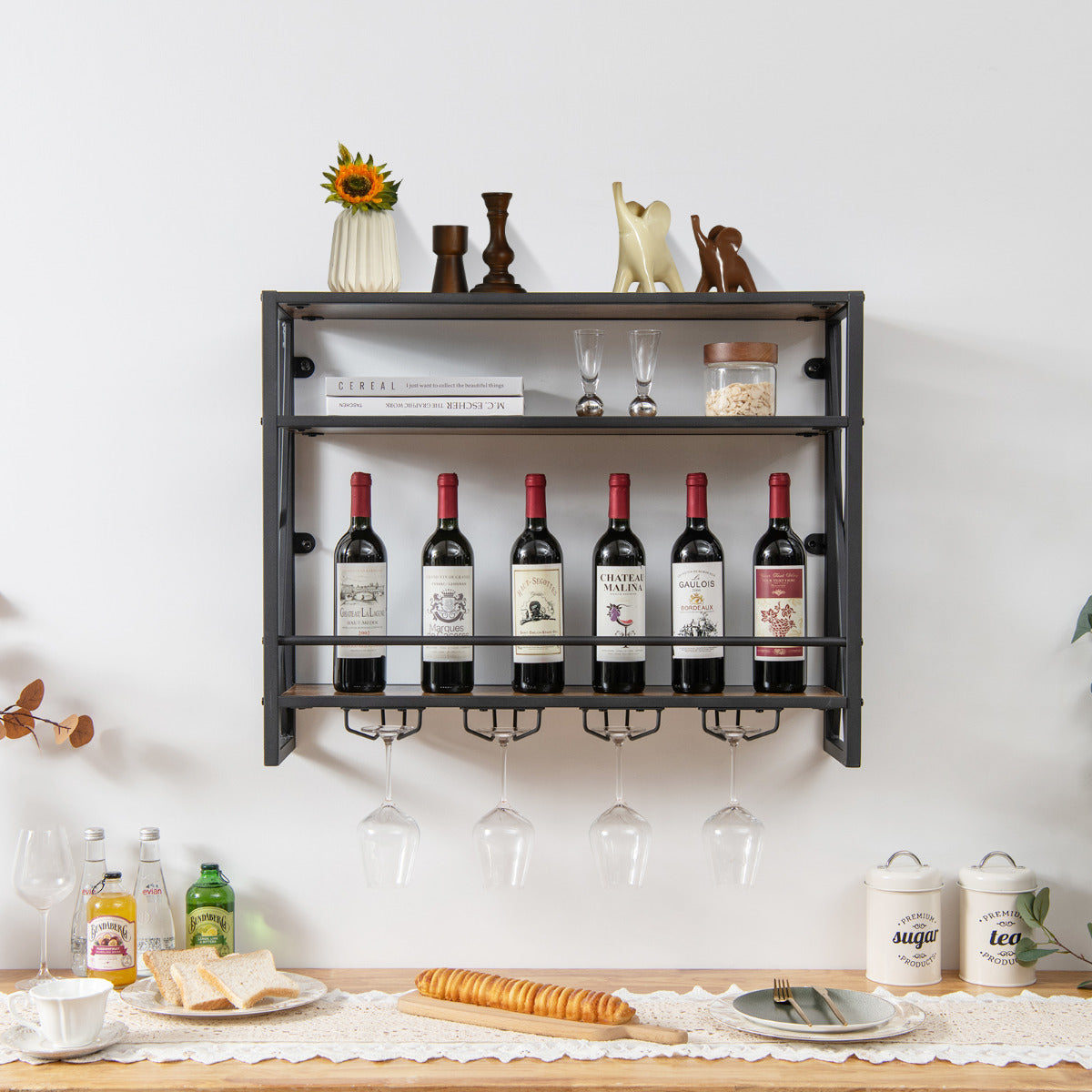 Garrafeira Industrial de Parede Suporte de Garrafas de Metal 3 Níveis 4 Suportes para Copos para Bar Cozinha 80 x 20 x 63 cm Castanho