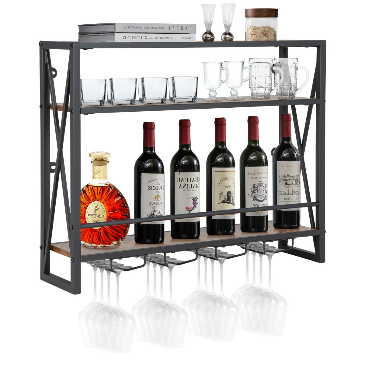 Garrafeira Industrial de Parede Suporte de Garrafas de Metal 3 Níveis 4 Suportes para Copos para Bar Cozinha 80 x 20 x 63 cm Castanho