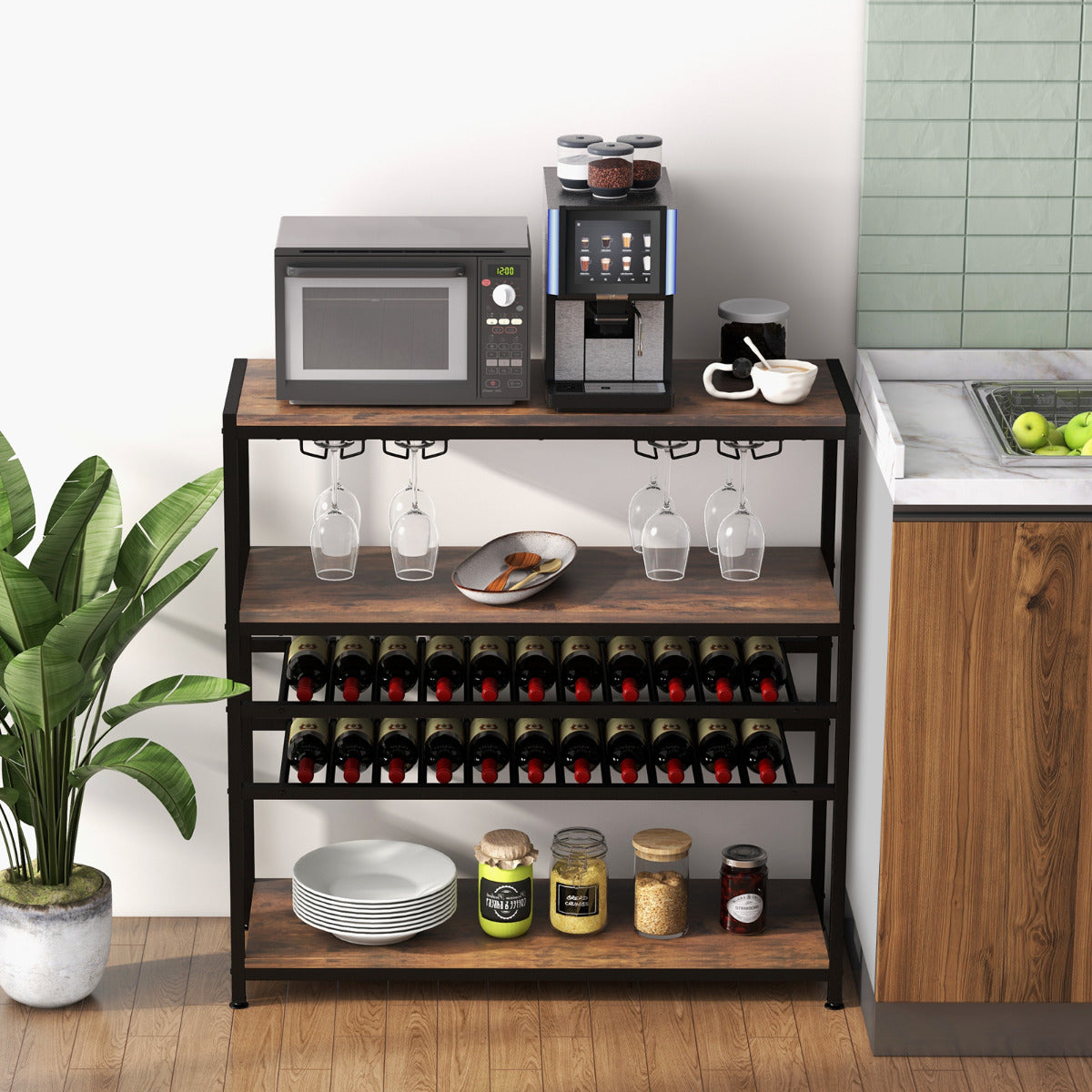 Estante de Cozinha com Garrafeira de 5 Níveis para 20 Garrafas Armário de Bar Independente com Suportes de Copos para Cozinha Sala de Jantar Buffet 100 x 35 x 101 cm