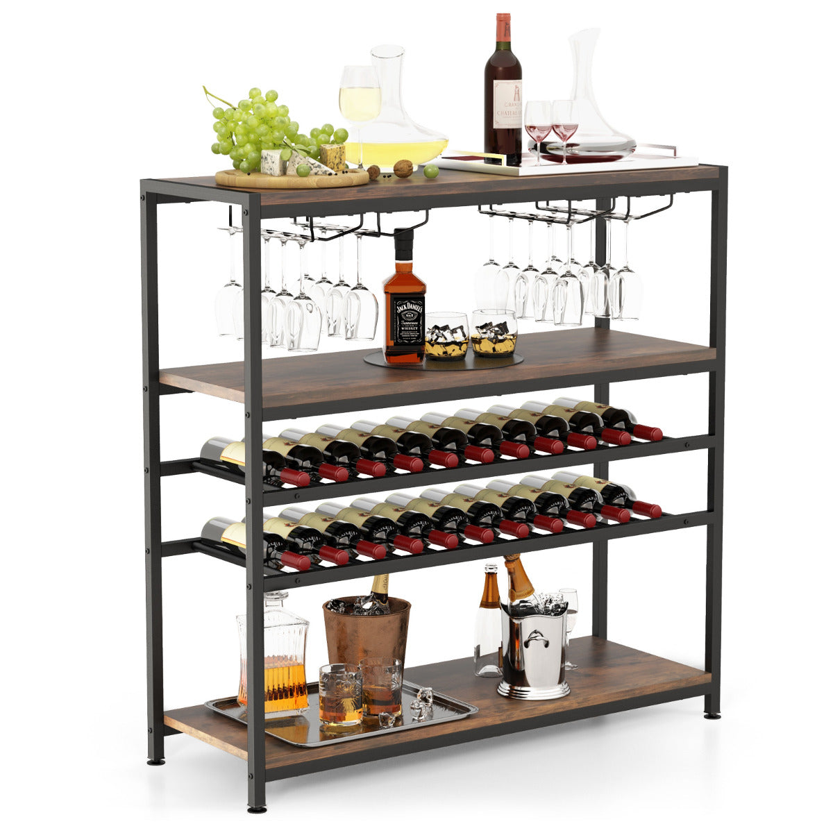 Estante de Cozinha com Garrafeira de 5 Níveis para 20 Garrafas Armário de Bar Independente com Suportes de Copos para Cozinha Sala de Jantar Buffet 100 x 35 x 101 cm