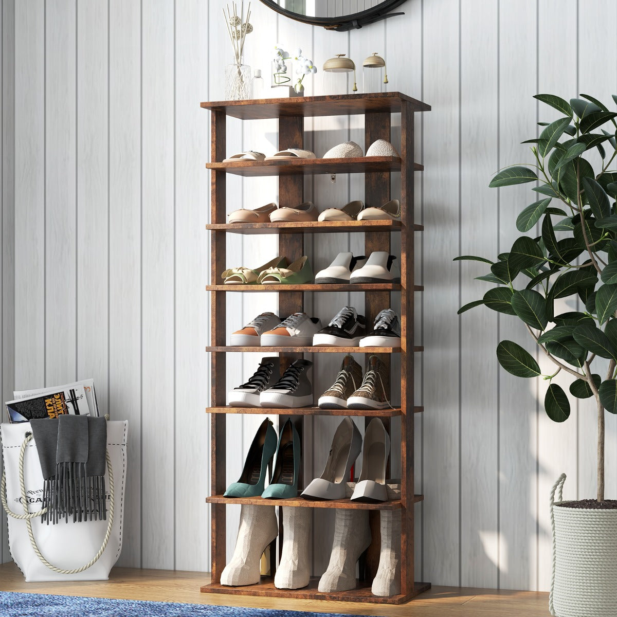 Estante de Sapatos Vertical de 7 Níveis Torre de Armazenamento Sapateira Múltiplas Camadas Painel Removível 47 x 25,5 x 110 cm Castanho