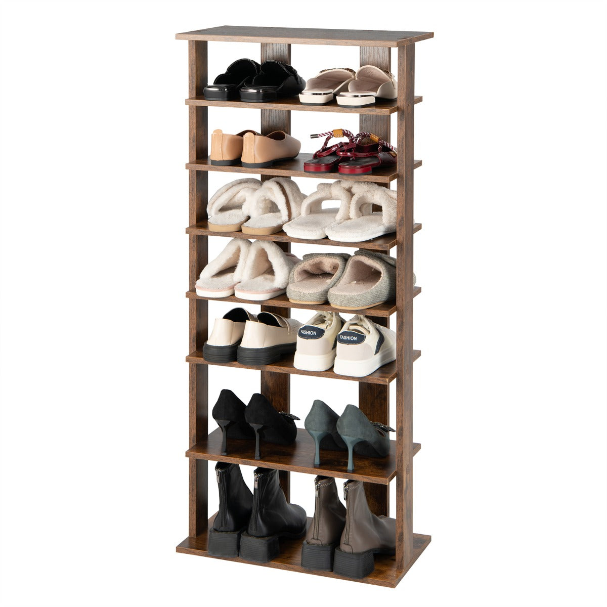 Estante de Sapatos Vertical de 7 Níveis Torre de Armazenamento Sapateira Múltiplas Camadas Painel Removível 47 x 25,5 x 110 cm Castanho