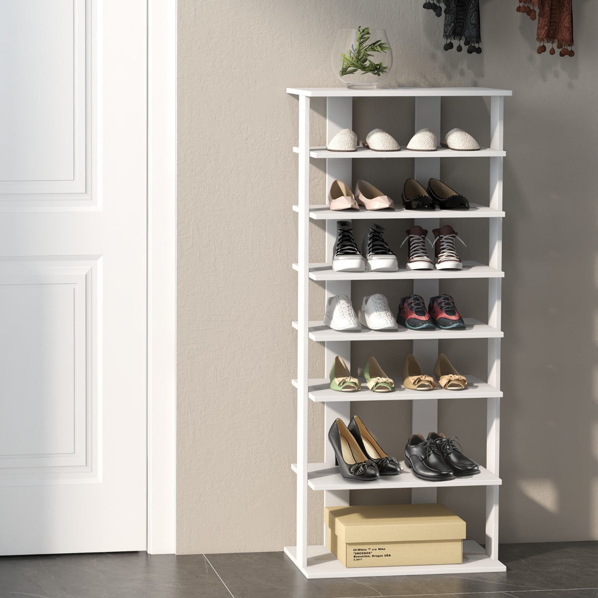 Estante Vertical de Sapatos de 7 Níveis Torre de Armazenamento Sapateira Múltiplas Camadas Painel Removível 47 x 25,5 x 110 cm Branco