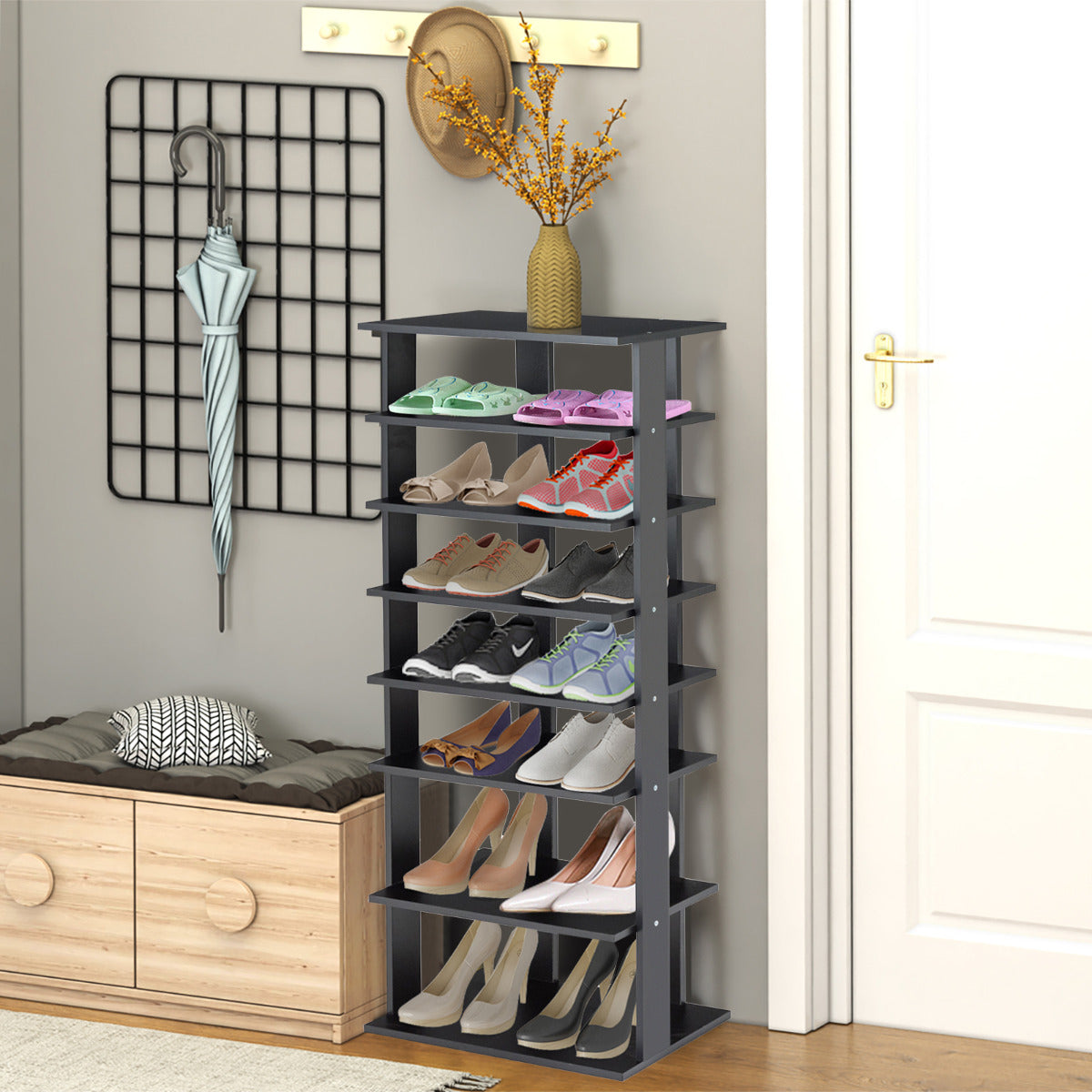 Estante Vertical de Sapatos de 7 Níveis Torre de Armazenamento Sapateira Múltiplas Camadas Painel Removível 45 x 25 x 110 cm Preto