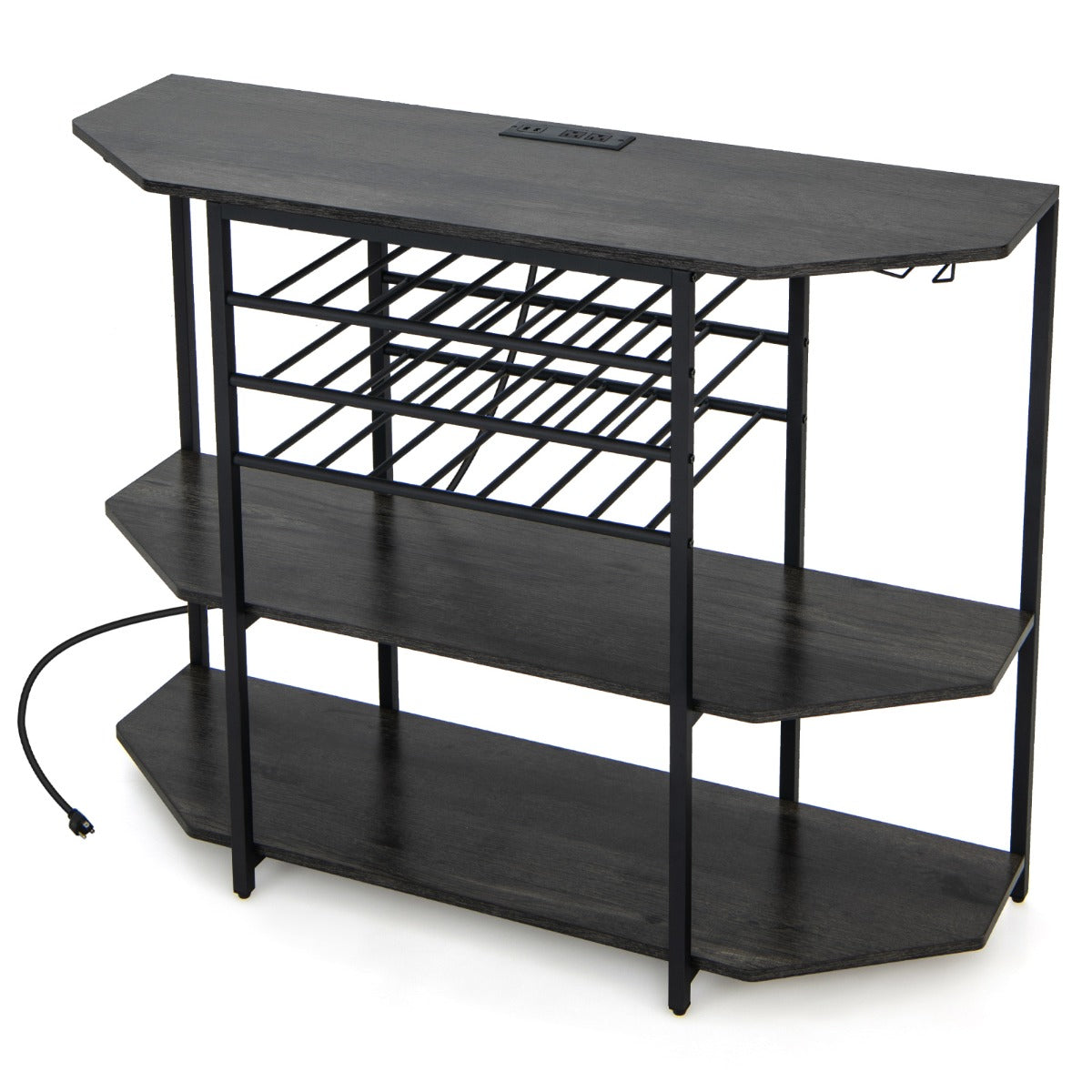 Garrafeira com Suportes para Copos e Estação de Carga – 120 x 40 x 92 cm – Cinzento – MDF e Metal