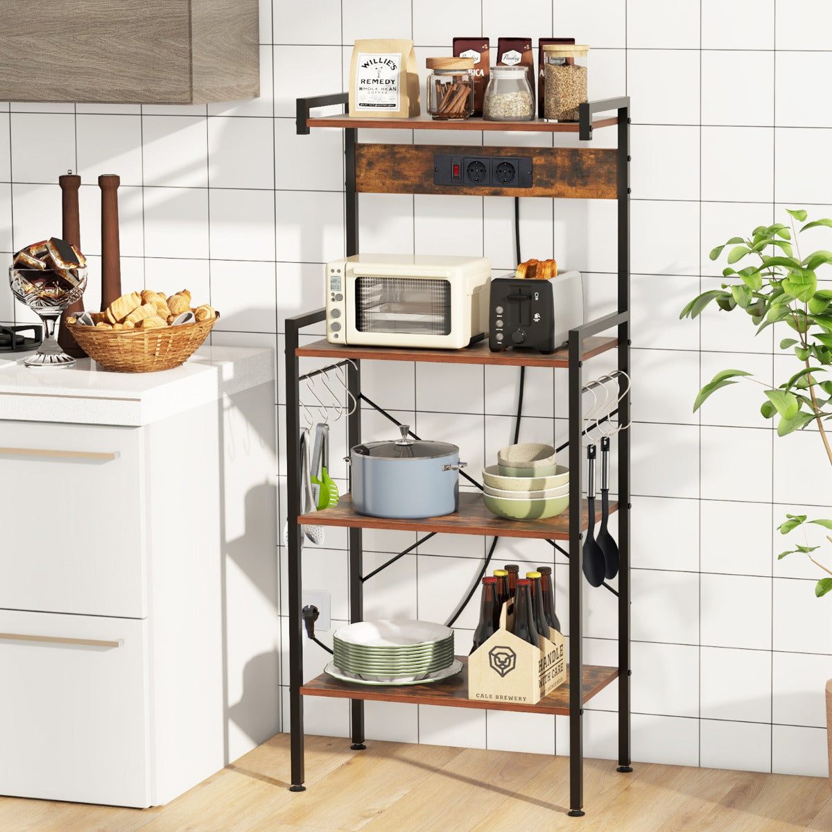 Estante de Cozinha com Tomadas para Microondas de 4 Níveis e 8 Ganchos Estação de Café para Sala de Jantar Marrom