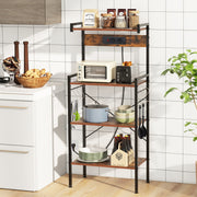 Estante de Cozinha com Tomadas para Microondas de 4 Níveis e 8 Ganchos Estação de Café para Sala de Jantar Marrom