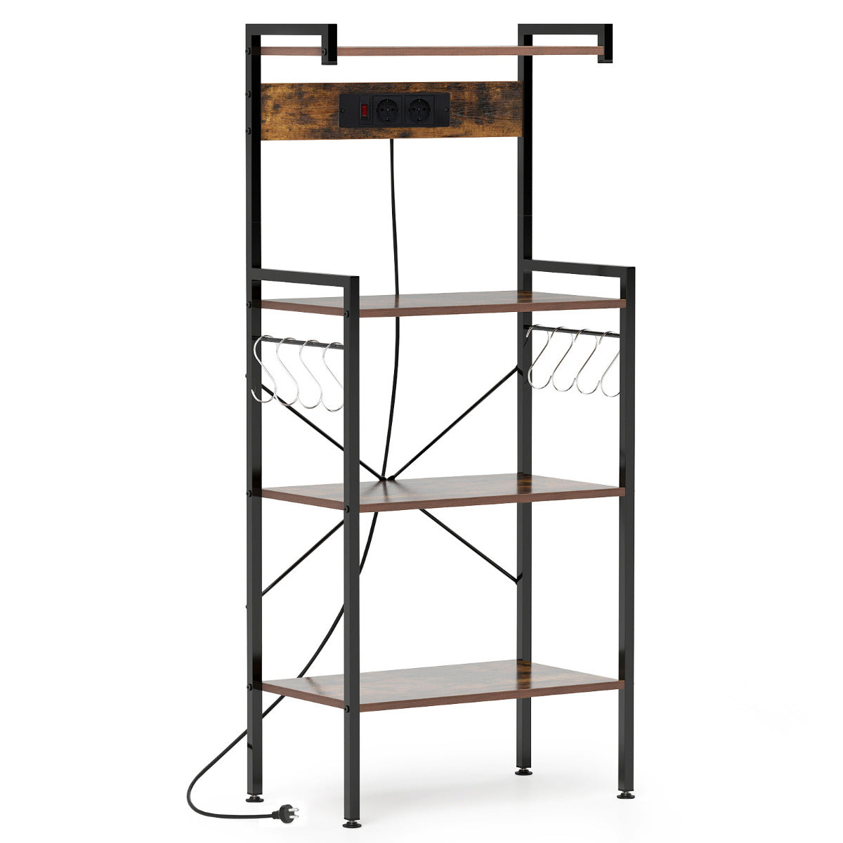 Estante de Cozinha com Tomadas para Microondas de 4 Níveis e 8 Ganchos Estação de Café para Sala de Jantar Marrom