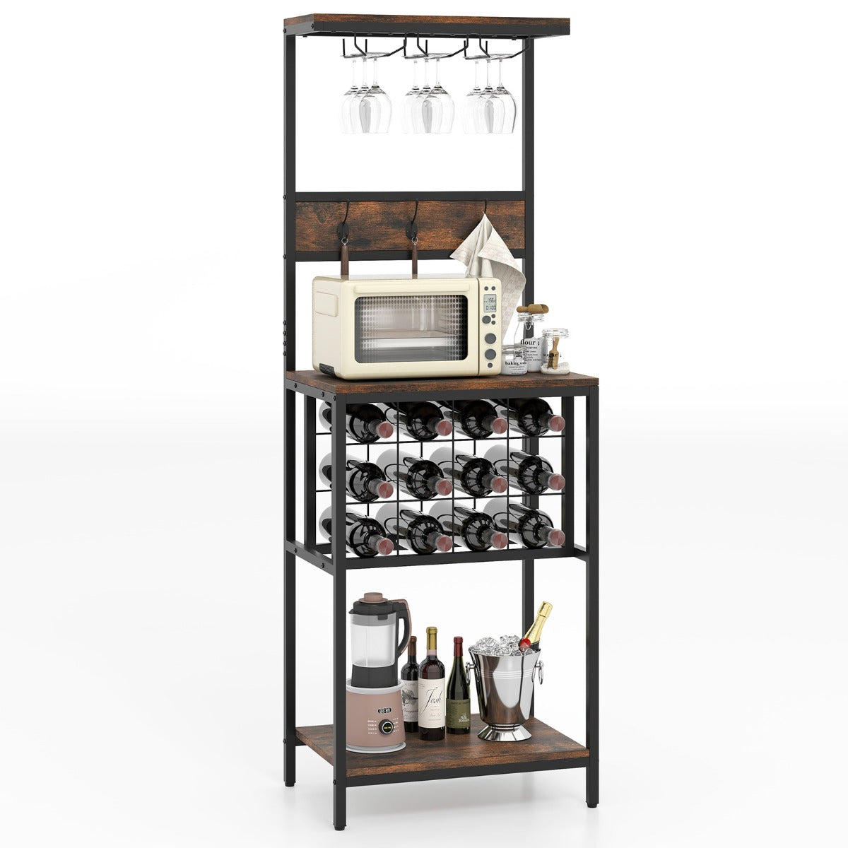 Garrafeira para Vinho Independente com Suportes para Copos, Porta-garrafas e Ganchos 54 x 37 x 156 cm Castanho Rústico