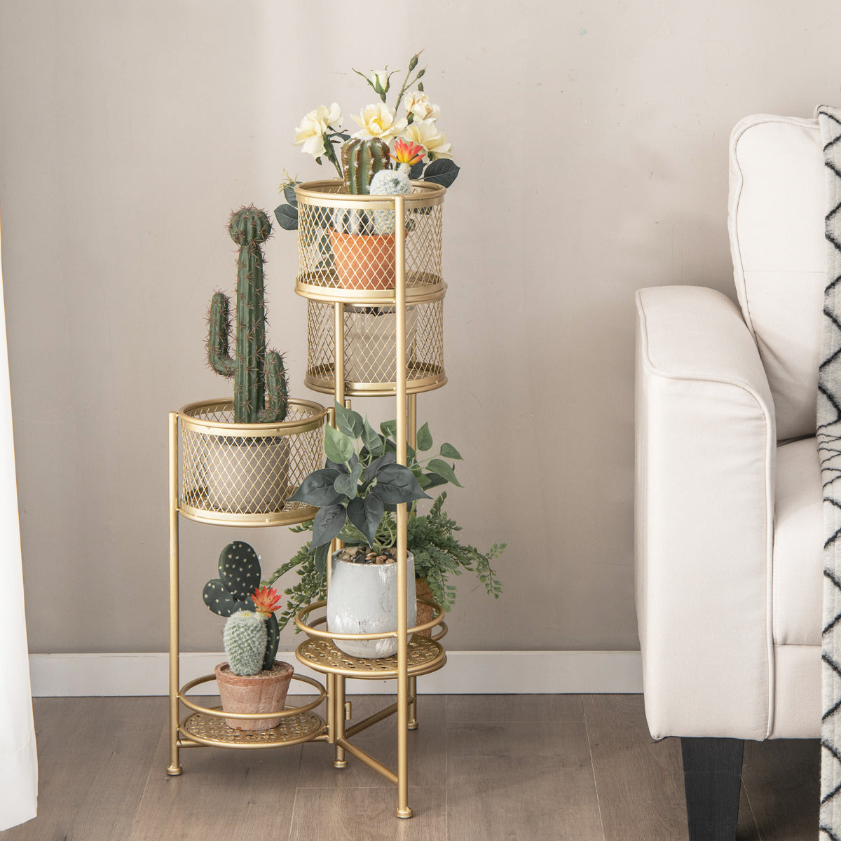Estante Dobrável de 6 Níveis para Plantas em Metal Suporte para 6 Vasos e Exibição com Bandeja Articulada Elegante 41 x 39 x 82 cm Ouro
