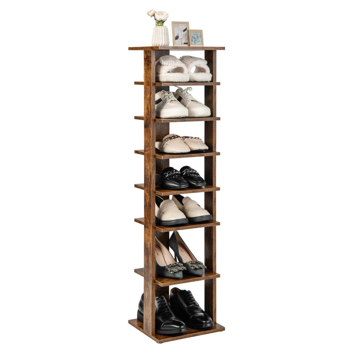 Zapateiro Vertical de 7 Níveis em Madeira Marrom para Organização de Sapatos - 110 cm de Altura