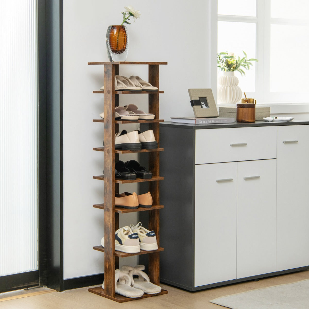 Zapateiro Vertical de 7 Níveis em Madeira Marrom para Organização de Sapatos - 110 cm de Altura
