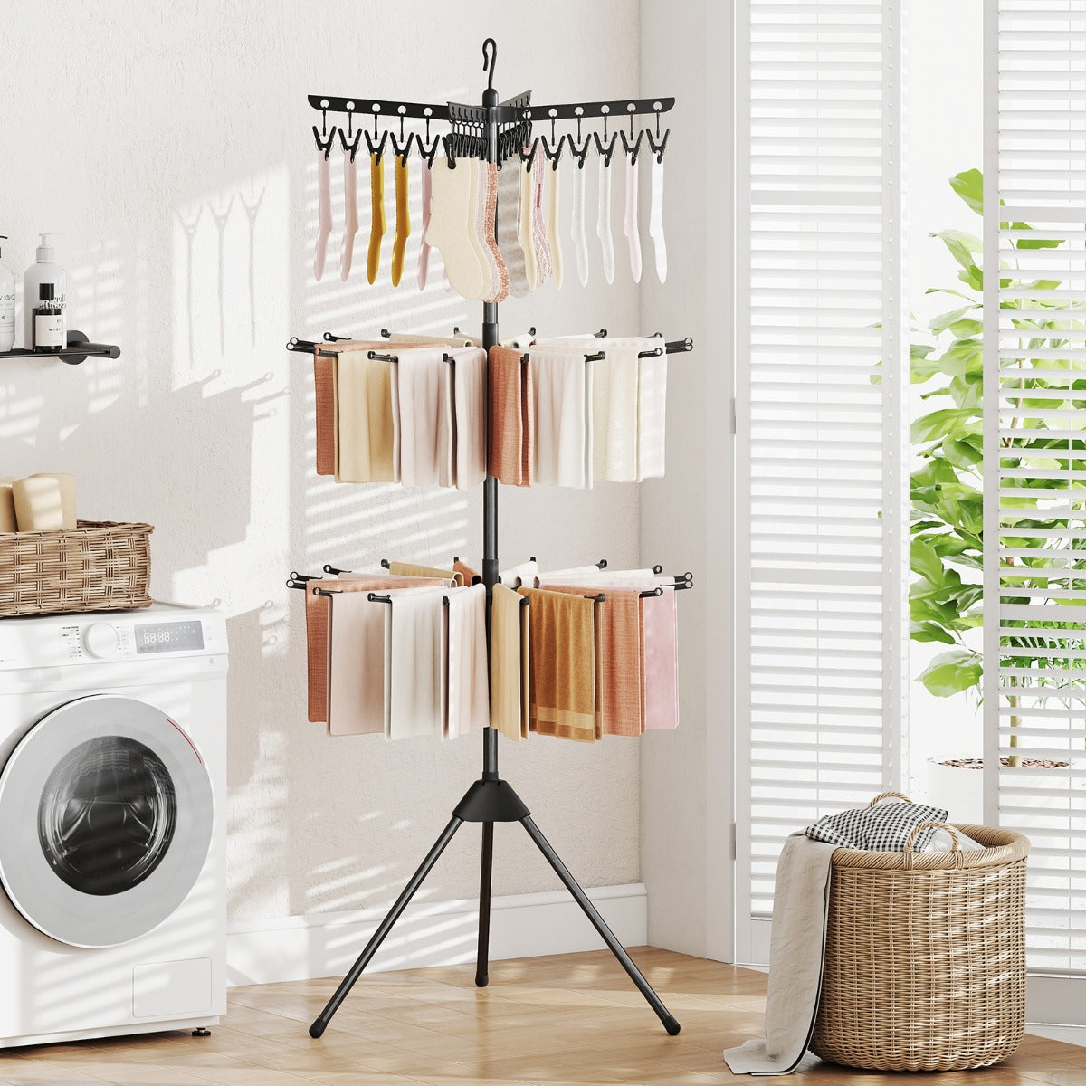 Estante de Secagem de Roupa de 3 Níveis com 32 Varais e 24 Clipes Suporte de Clipes Removível para Varanda 76 x 76 x 178 cm Preto