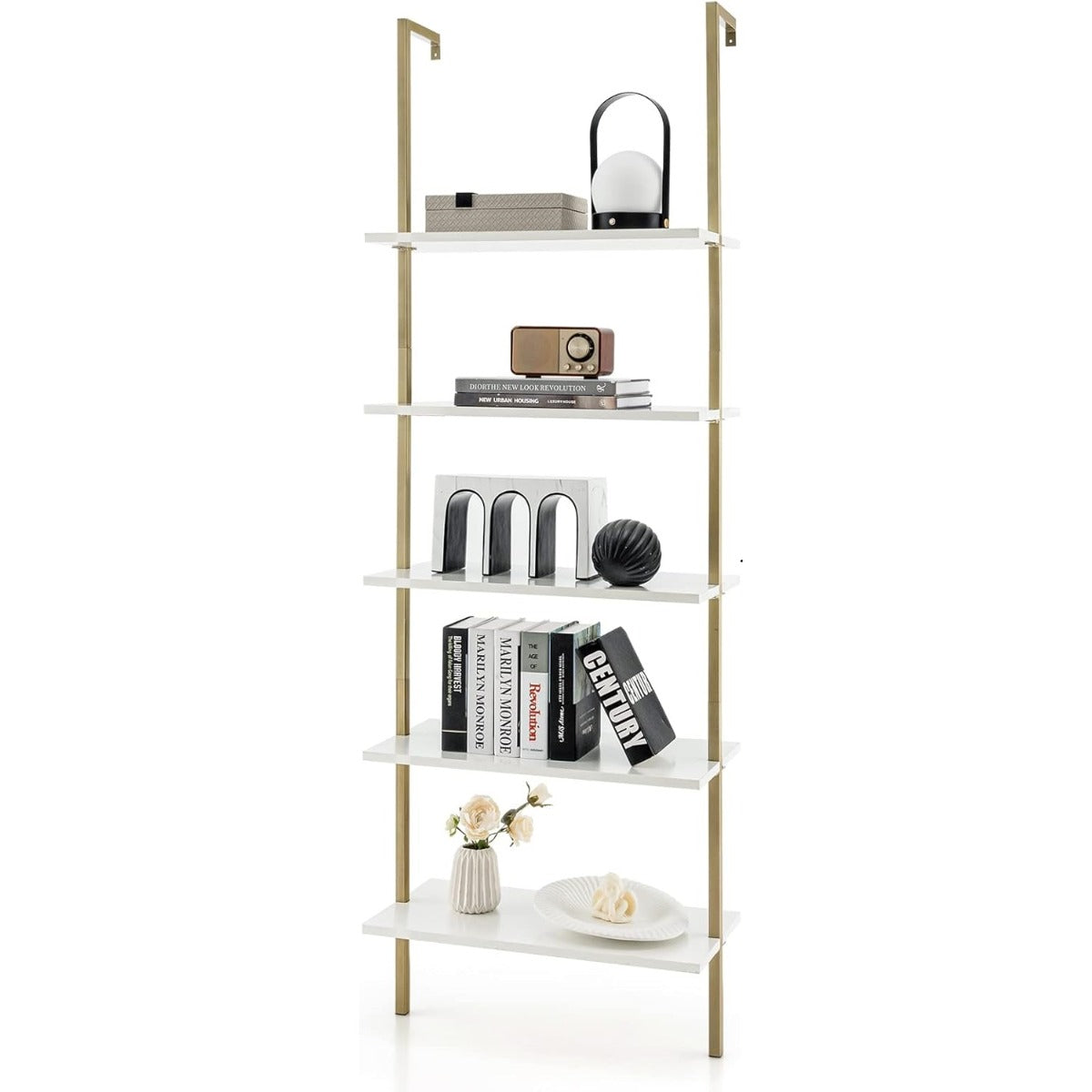 Estante de Parede em Escada de 5 Níveis 180 cm Estrutura de Aço Dourado Industrial
