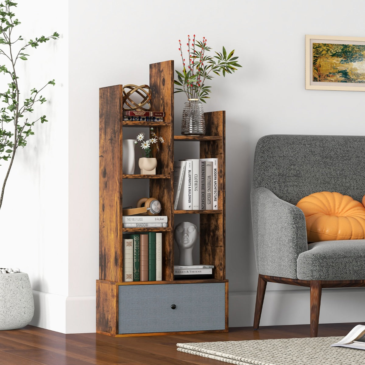 Estantería de 7 Niveles con Cajón y 7 Compartimentos de Madera para Sala de Estar Dormitorio