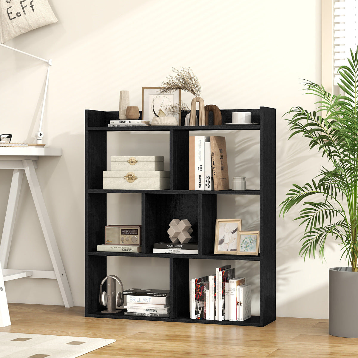 Estante Aberta de 7 Cubos em Madeira com Dispositivos Antivuelco para Organização de Sala ou Quarto - Preto